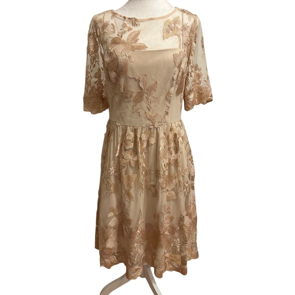 Adrianna Papell wedding MOB‎ MOG Nadine Lace Dress Sz 14 cream gold champange